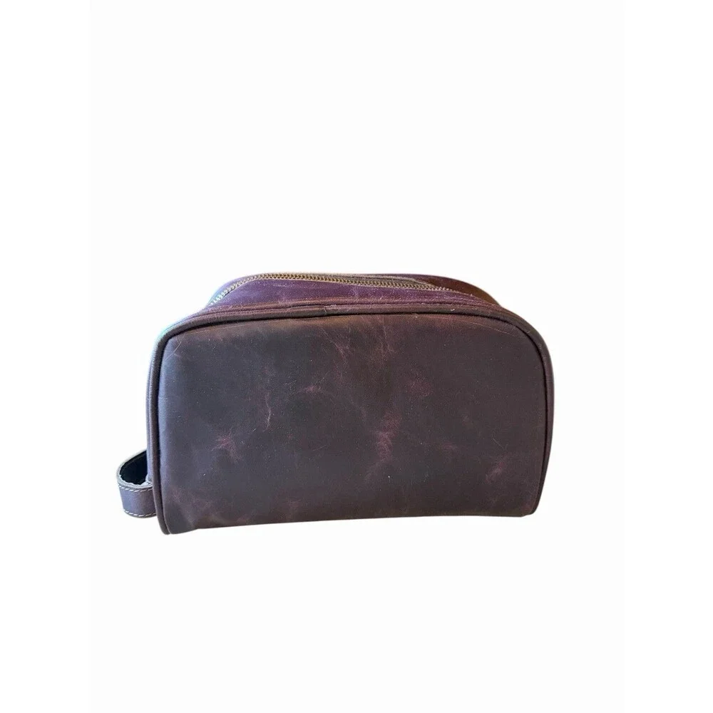 New Brown Leather Men's Toiletry Shaving Bag Metal Zippers Distressed Retro